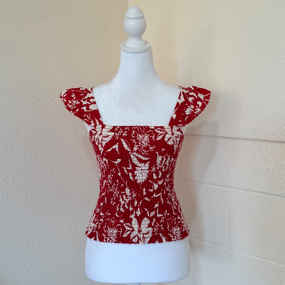 Old Navy‎ Smocked Top Womens XS Red Floral Ruffle Strap Cottagecore Boho